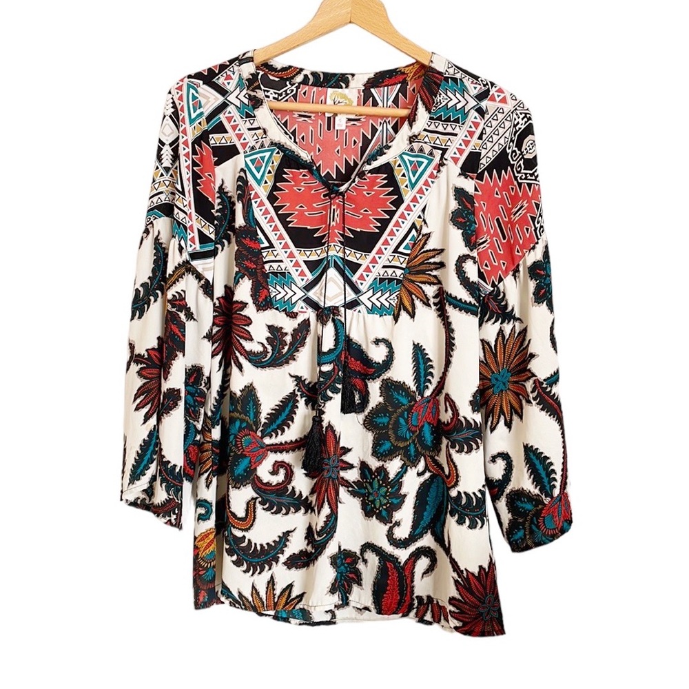 fig and flower aztec floral print split neck tassel boho blouse size S